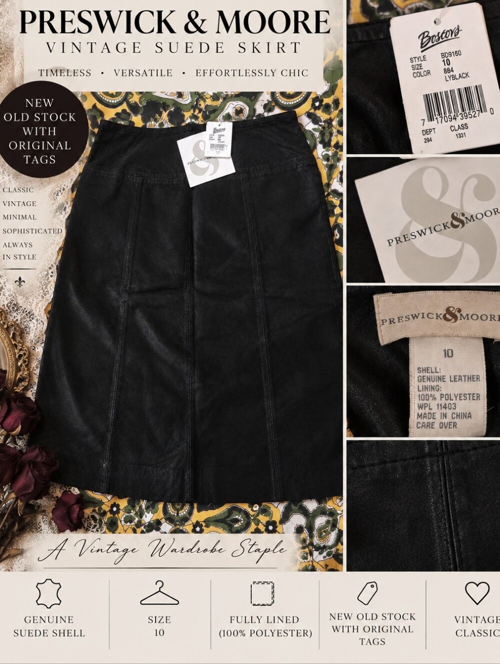 Vintage Preswick & Moore Black Suede Leather Skirt Size 10 NWT 90s